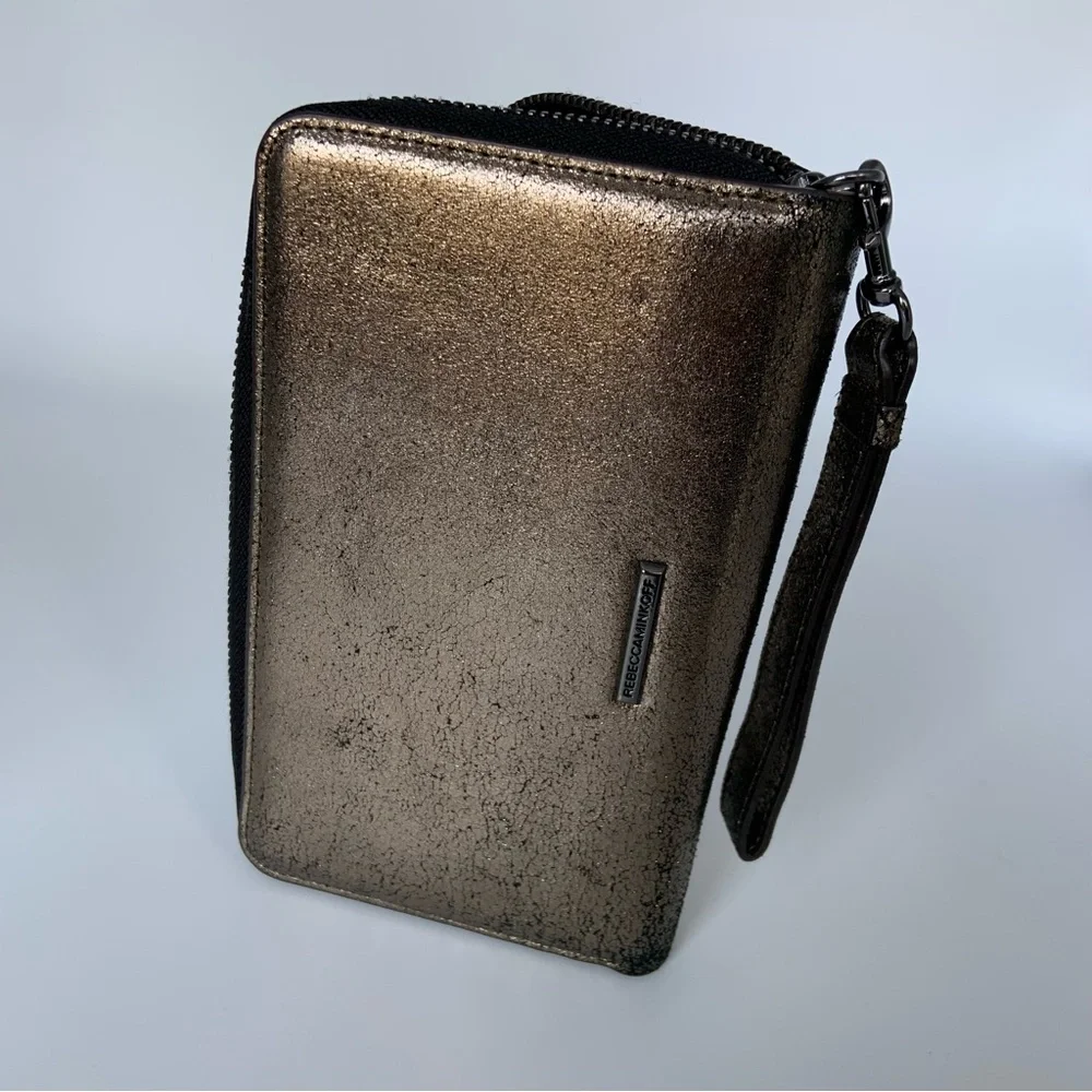 Rebecca Minkoff Regan Universal Wristlet Gold Crackle W/phone holder Metallic